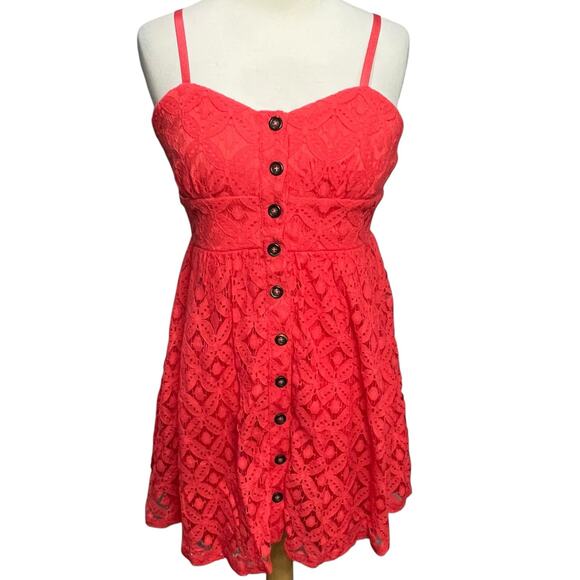 Trixxi Dress S Coral Orange Lace Overlay Button Front Fit Flare Sundress Y2K - Picture 1 of 15